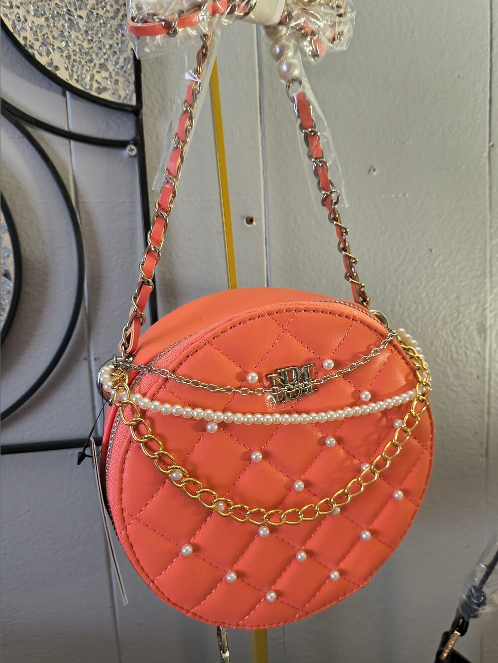 Badgley Mischka Coral Quilted Pearl-Accent Round Shoulder Bag